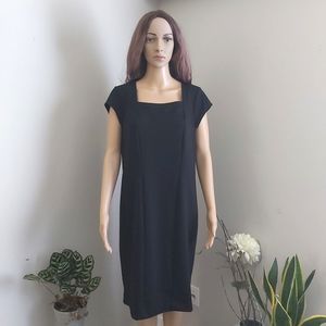 Joan Rivers black shift midi dress cap sleeves office work wear